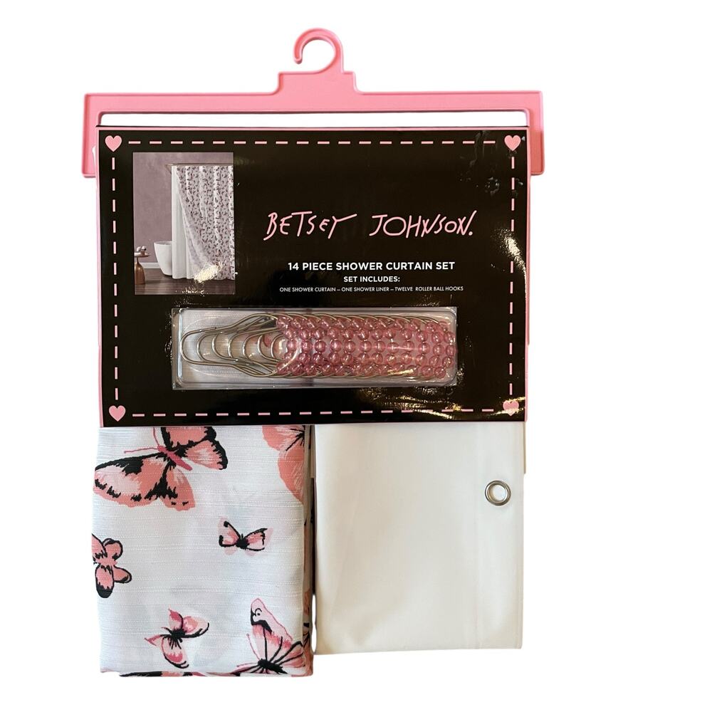 14pc Betsey Johnson Pink Butterfly Shower Curtain Hooks Liner Set 72x72 NEW